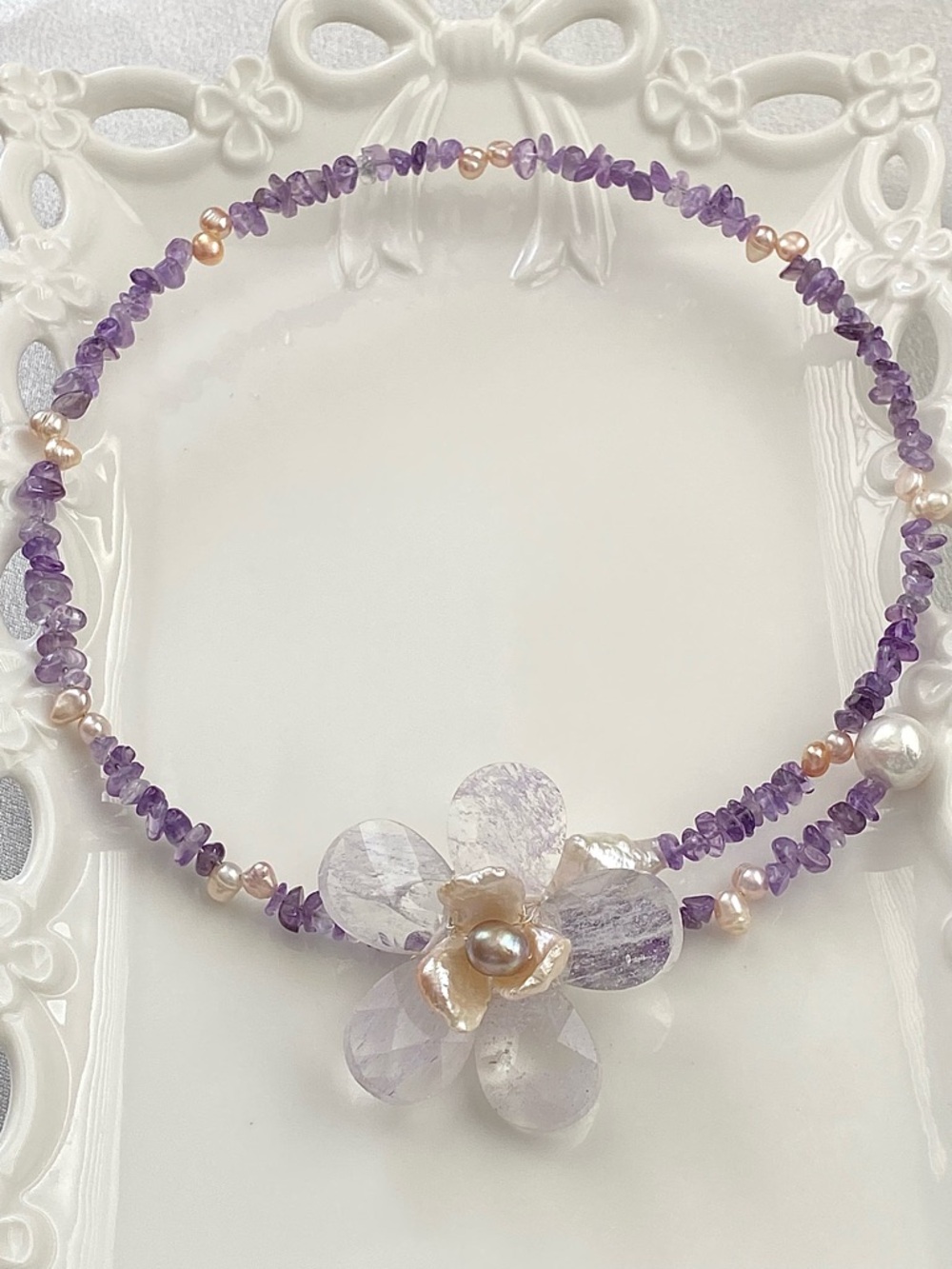 GP63-Handmade Amethyst And Pearl Flower Necklace